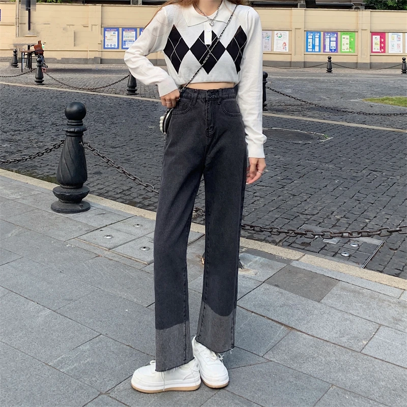 

N1373 New fashion all-match high waist retro straight wide leg pants design sense trousers women