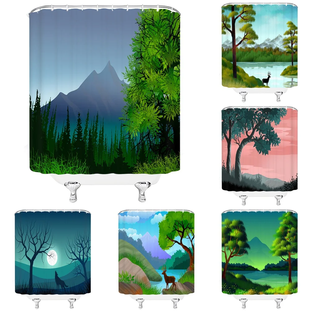 

Nature Scene Wild Animals Shower Curtain Mountains Forest Lake Scenic Plant Tree Camping Rustic Fabric Bathroom Curtains Fabric