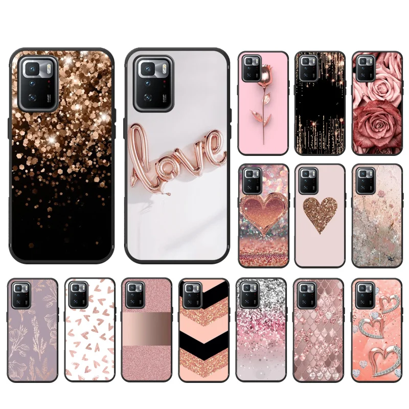 

New Luxury Rose Gold Diamond Heart Phone Case For Xiaomi Redmi Note 11 10 Pro Note 8 Pro 9Pro Note9 9S 10S 9T Redmi 10 9C 9A