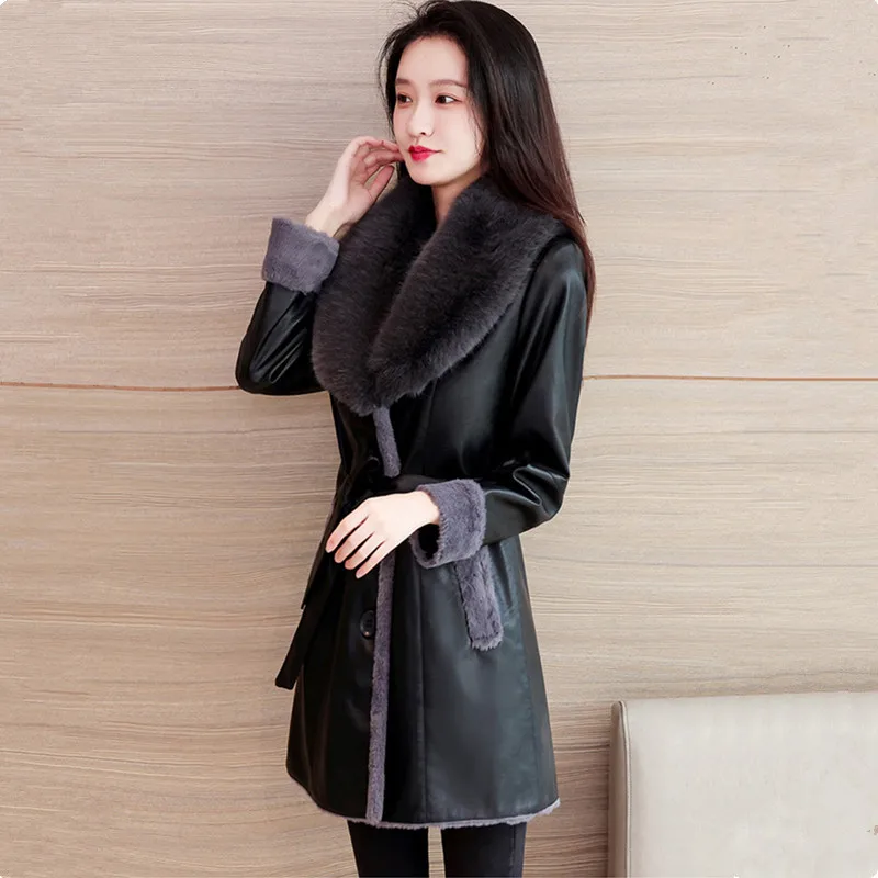 UHYTGF Winter Leather Jacket Women's Fashion Fur Collar Black Casual Warm Coat Female Quality PU Leather Overcoat Ladies 3XL 118