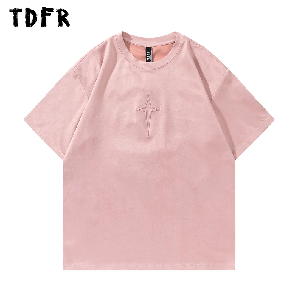 

Embroidery Suede Short Sleeve T-shirt Mens Summer Tee Casual Loose Crew Neck Half-Sleeve Tshirt Men