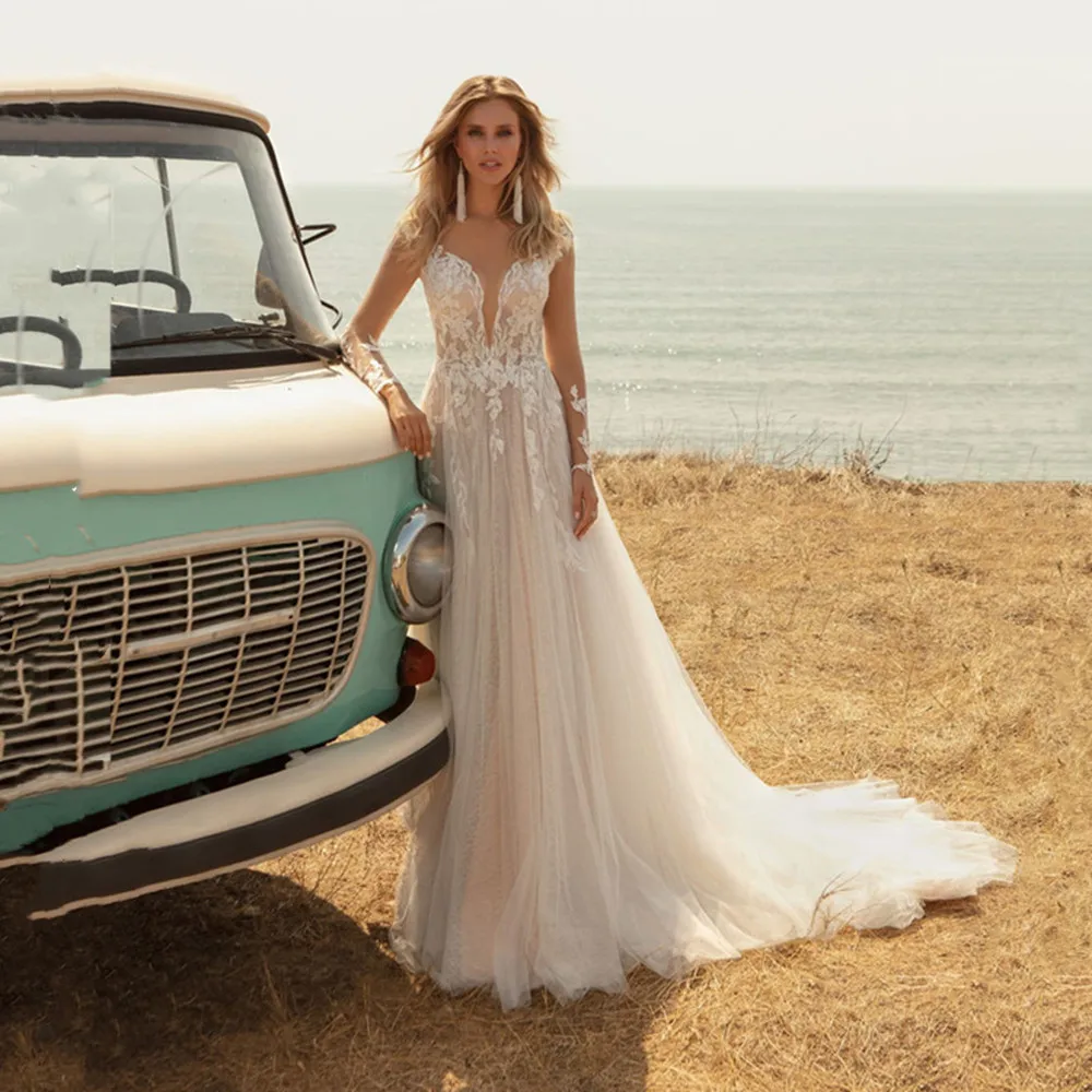 

MACDOUGAL Lace Boho Wedding Dresses 2021 for Bride V Neck Country Backless Bridal Gowns Robe De Marie Open Back Sweep Train