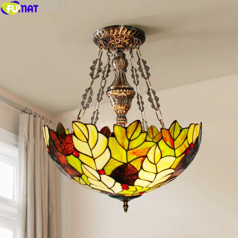 

FUMAT Tiffany Style Multi Color Leaf Pendant Lamp Anti Chandeliers Light Jade Stained Glass Art Home Decor Big Lighting Fixture