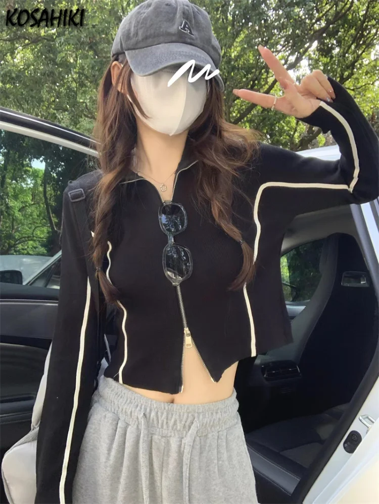 

Y2k Aesthetic Half High Collar 2023 Spring Cardigan Femme Slim Black Streetwear Zipper Crop Top Harajuku Casual Knitted Cardigan