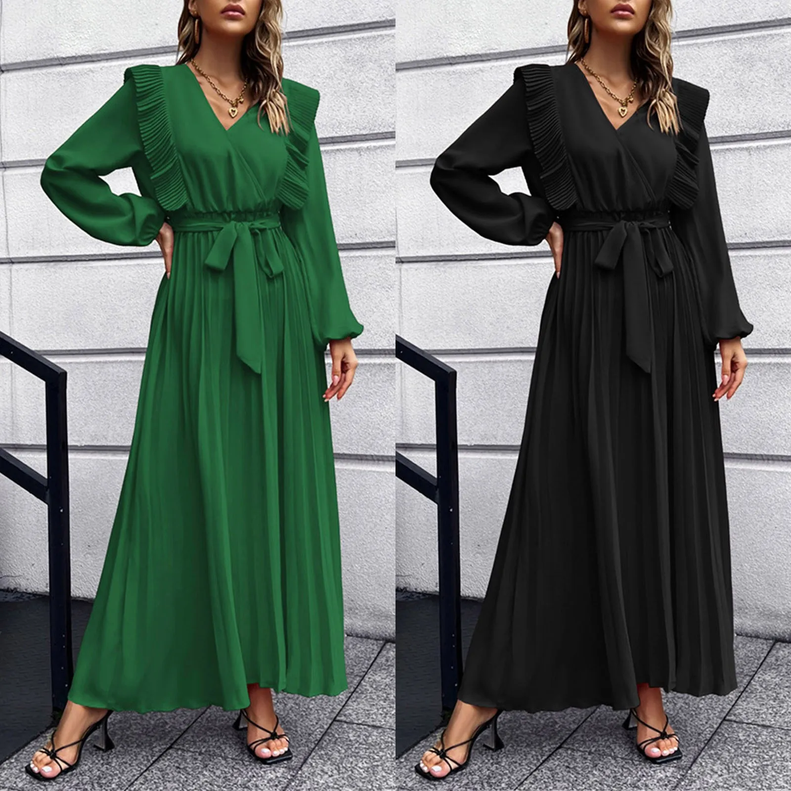 Ladies Elegant Pleated Skirt Solid Color Long Sleeve Dress Length Dress