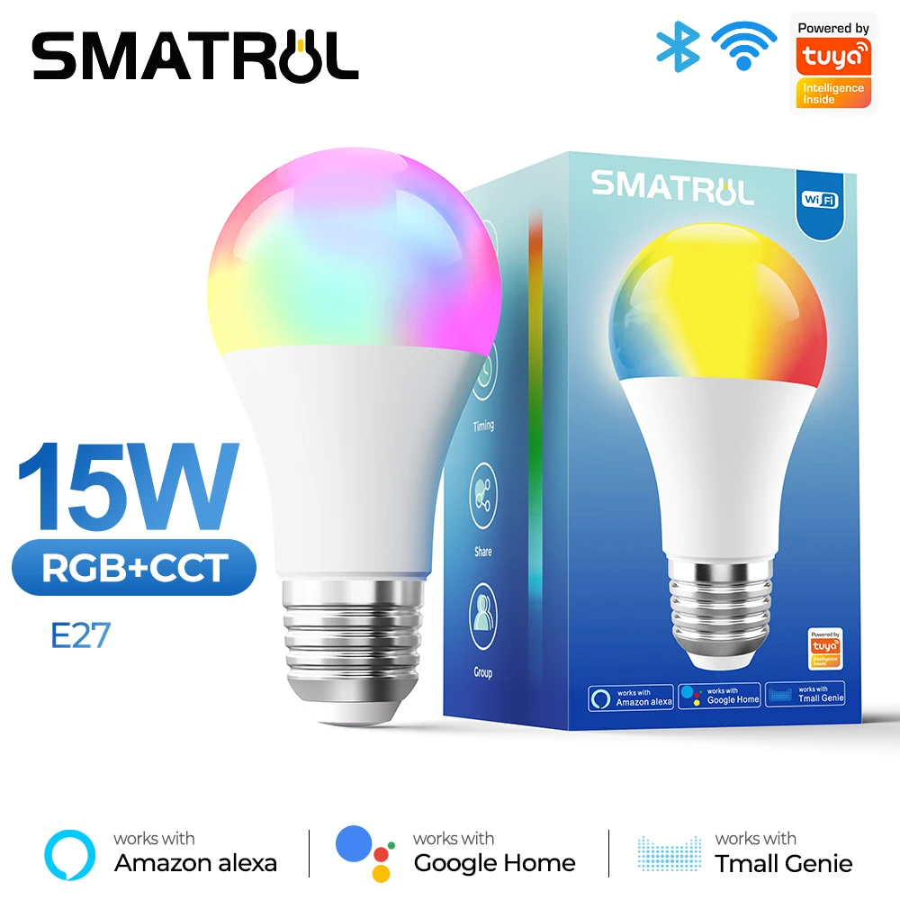 

Tuya WiFi Smart Light Bulb E27 LED RGB +White Dimmable Timer Function Magic Lamp 13W 15W 110V 220V Work with Alexa/Google Home