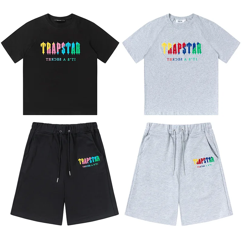 

Men's Cotton Set Casual Sportswear Letter Trapstar Embroidery Drawstring Shorts Fashion Short Sleeve T-shirt Mens Clothes