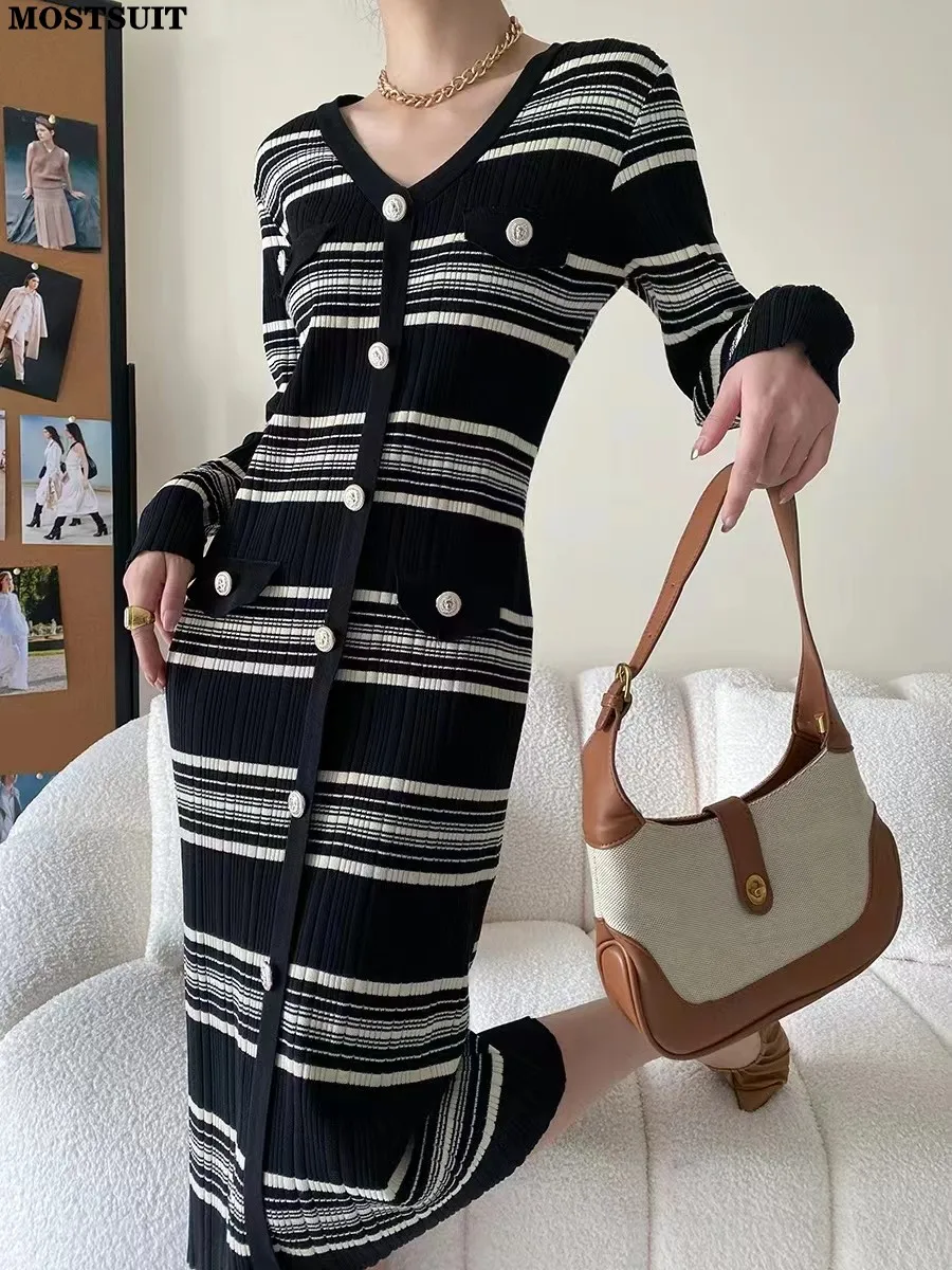 

Vintage Striped Slim Knit Long Dress Women 2023 Autumn Long Sleeve V-neck Single-breasted Dresses Elegant Stylish Chic Vestidos