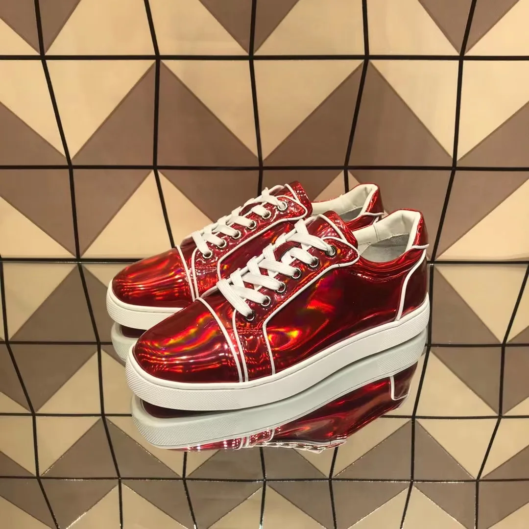 

Кроссовки мужские из лакированной натуральной кожи, низкие кеды с красной подошвой, высокие кеды для вождения, обувь на плоской подошве, бел...