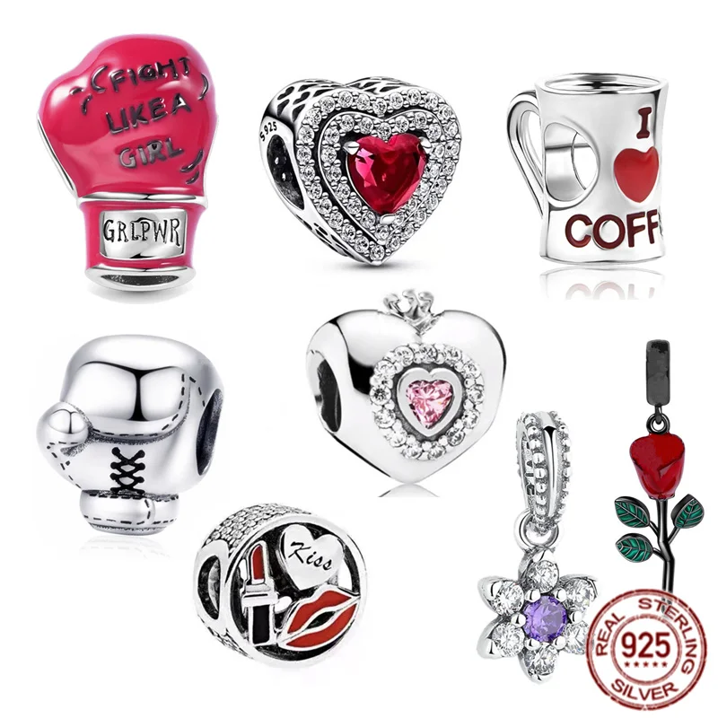 Новинка, боксерская перчатка из стерлингового серебра 925 пробы, сверкающие сердца, очаровательные бусины, ювелирные изделия, подарок, подходит для оригинального браслета Pandora, ожерелье