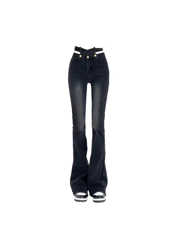 

Женские Черные Готические джинсы-клеш с высокой талией, винтажные корейские ковбойские брюки большого размера в стиле 1920-х Y2k, джинсовые брюки с широкими штанинами в стиле Харадзюку, одежда