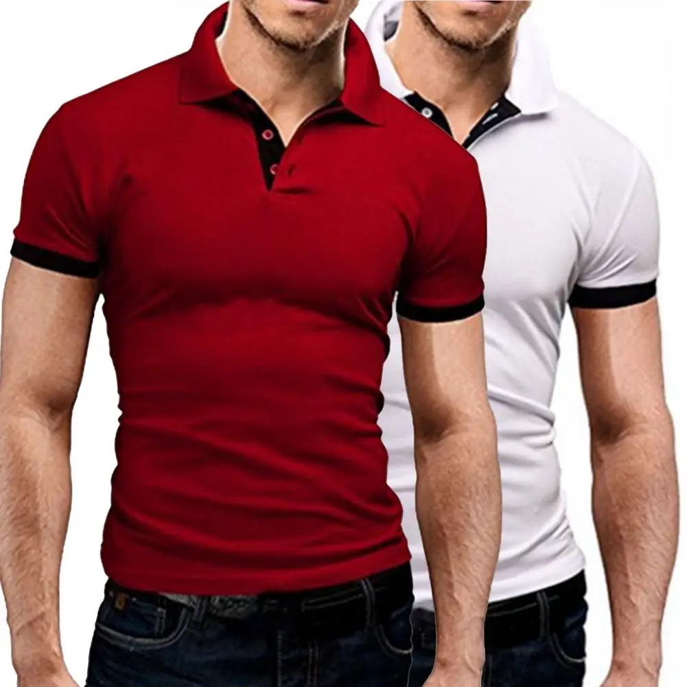 Chic Men Shirt Lapel Summer T-shirt Wear-resistant Casual Men Top Contrast Color
