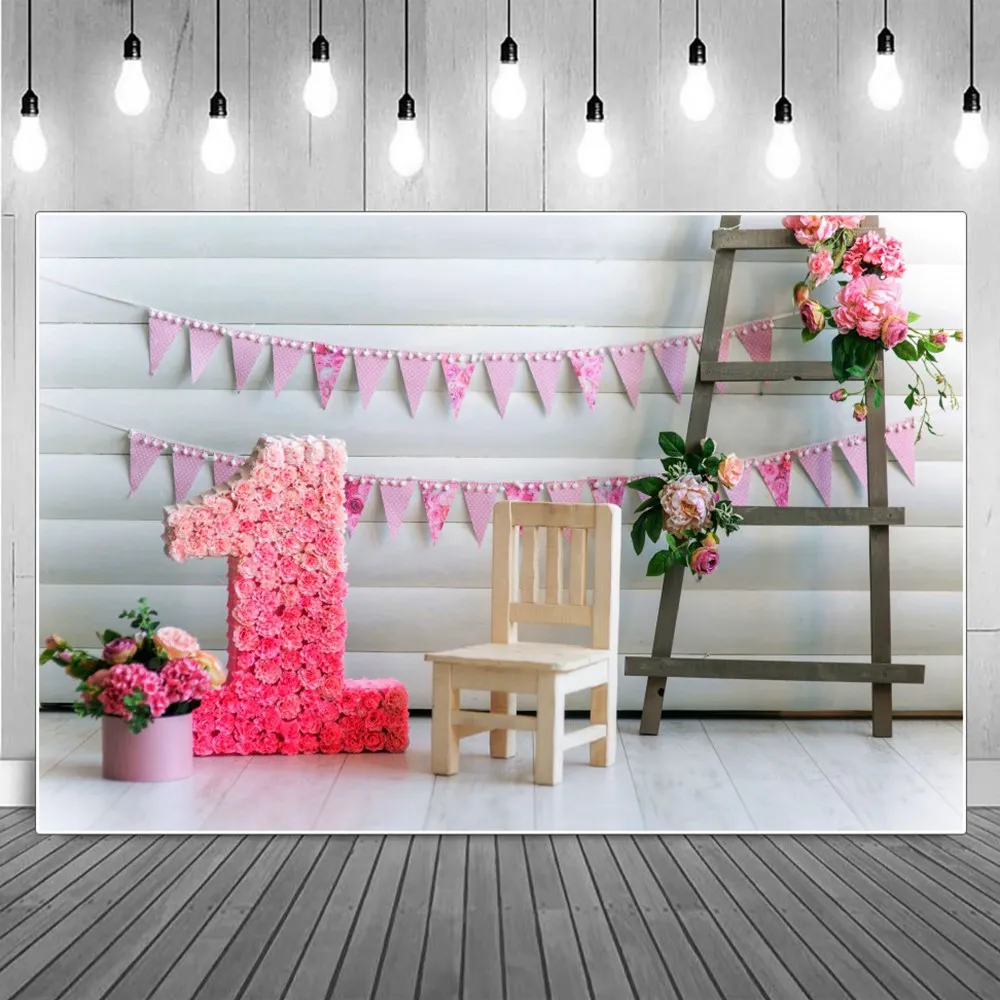 

Baby Flags Bunting Rose 1st Birthday Decoration Photography Backgrounds White Planks Wall Ladder Chair Party Photocall Backdrops