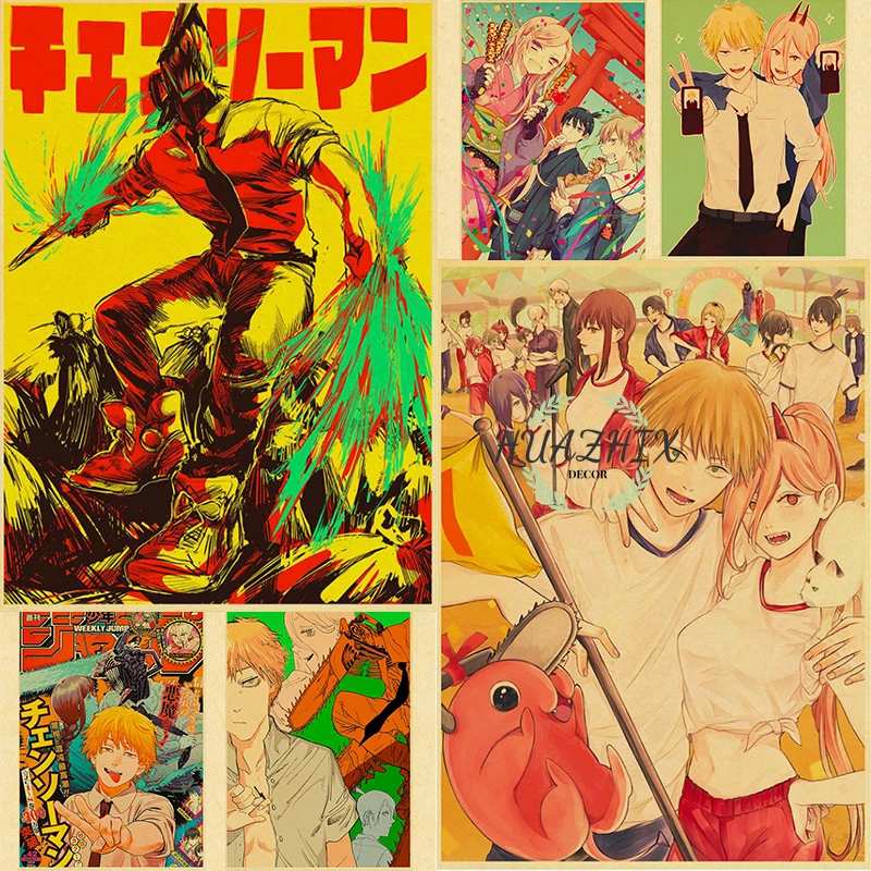 

Hot Japanese Anime Chainsaw Man Vintage Posters Kraft Paper Sticker Decorative Home Bar Cafe Decor Gift Art Wall Painting Poster