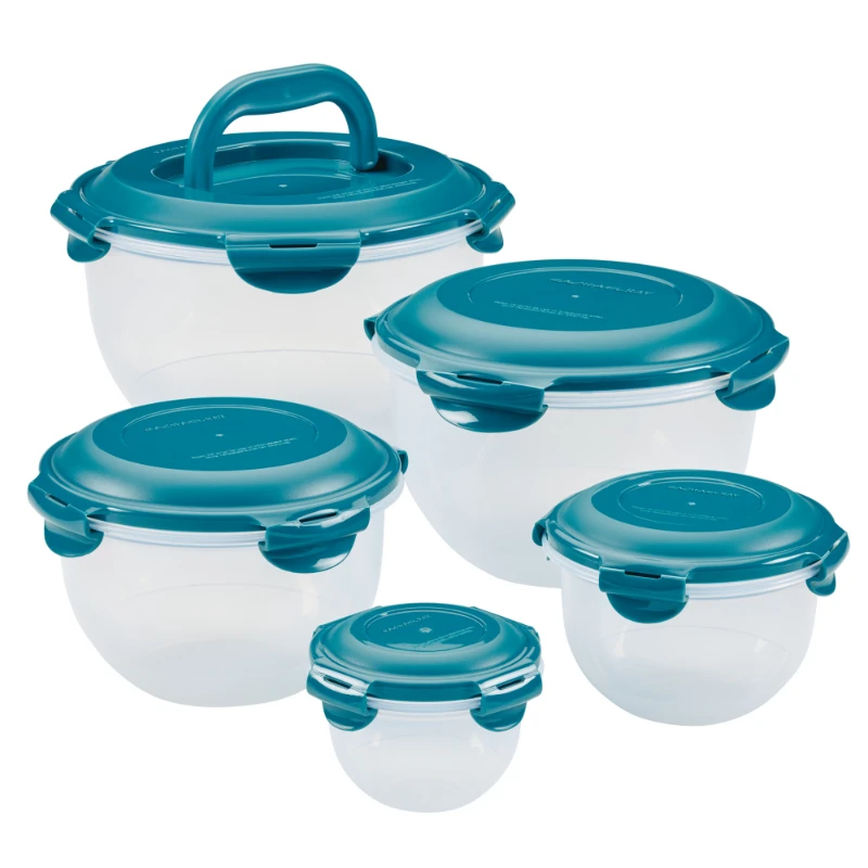 

Leak- Nestable Round Food Storage Container Set, 10 Piece, Teal Lids