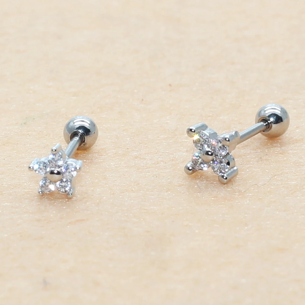 

002 Steel Color 0.8mm Delicate Screw-Back Copper Stud Earrings Never Fade Sleeping Shape More Bling Zircons Fashion Good Jewelry