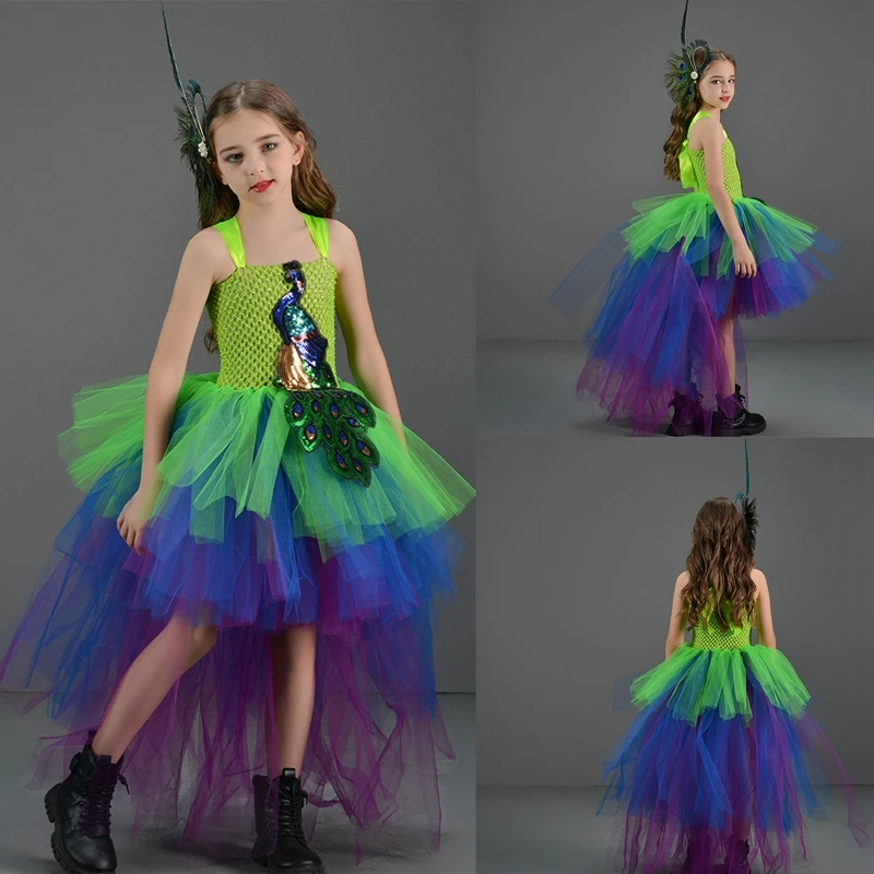 Костюм павлина для девочек наряд с нашивкой из тюля блестками платье заколка