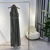 floor length long dress for banquet party spring new arrival gold metallic high quality pleat a line 2021