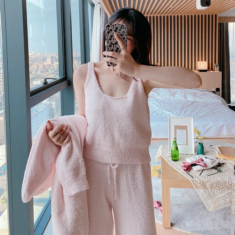 Thick Women Pajamas Set Three-piece Home Clothes Soft Warm Autumn Winter Long-sleeved Trousers Suspenders Cardigan Wool Knitting