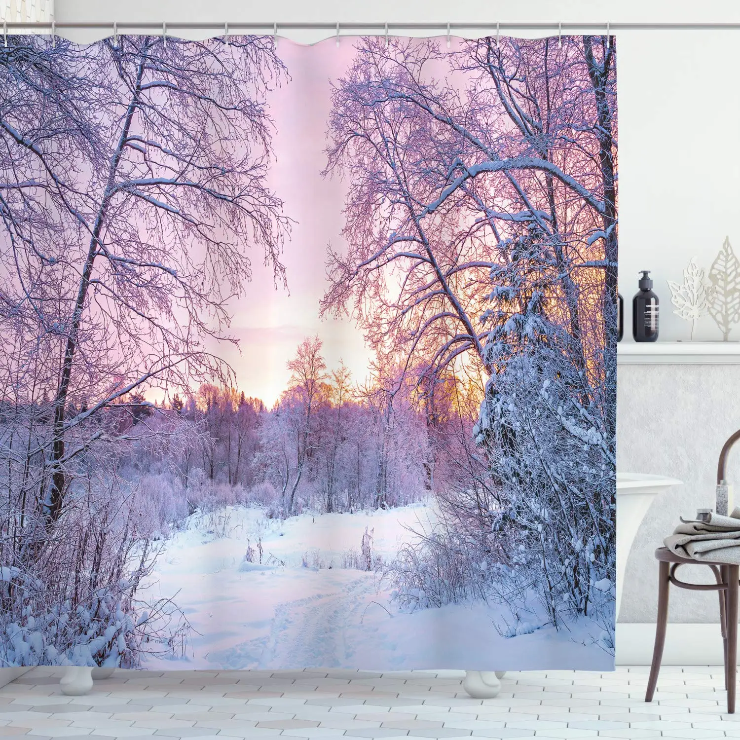 

Landscape Shower Curtain,Winter Season Theme Dried Abandoned Braches Snowy Sunset Scenery Image,Bathroom Curtains Set with Hooks