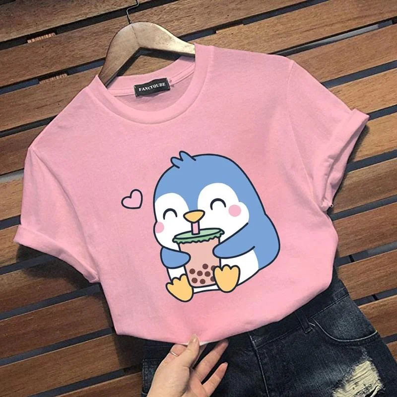 Футболка с принтом милых пингвинов жемчужин молочный чай Женская Повседневная