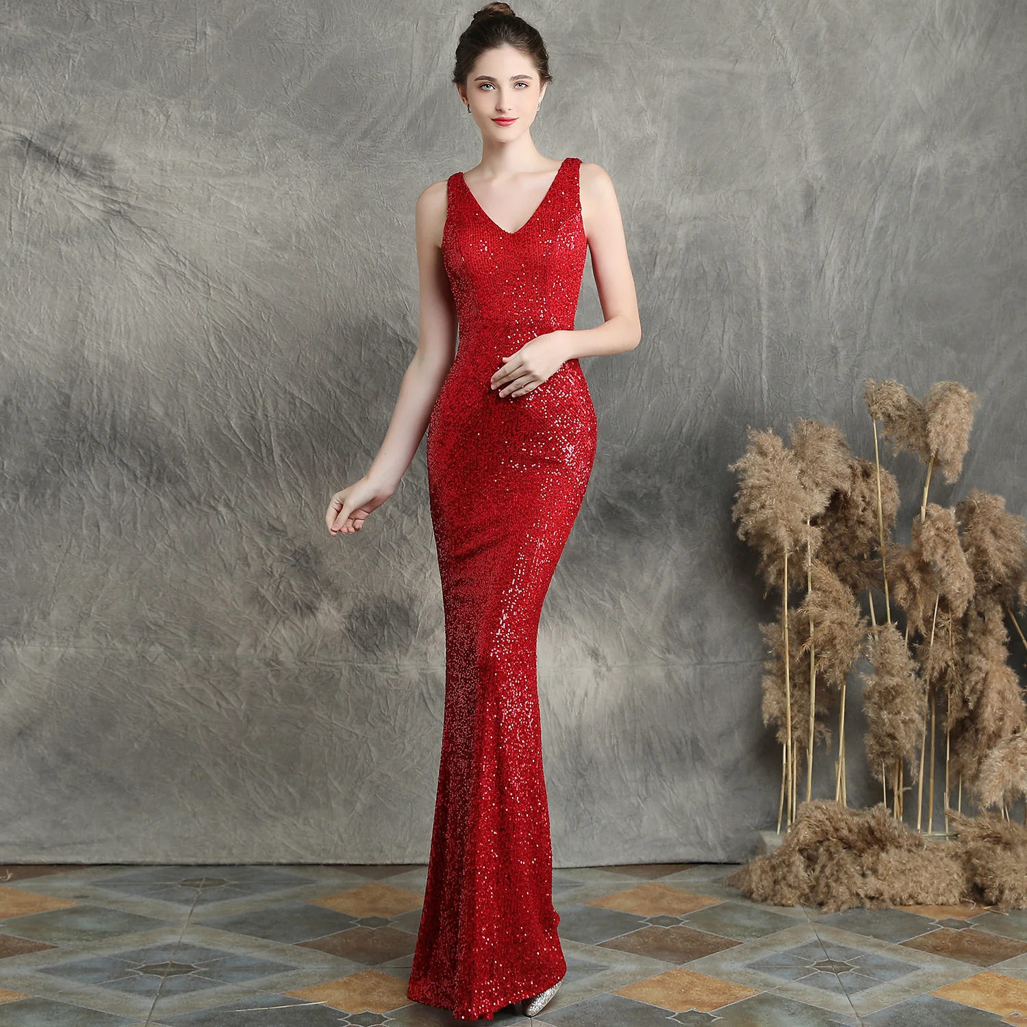 

16283# sequin evening dress long banquet slim fishtail skirt elegant party host