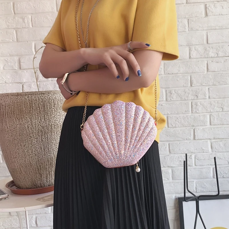 

Women Girls Little Mermaid Seashell Purse Cross-Body Shoulder Bags Glitter Sequins Chain Evening Purse, White