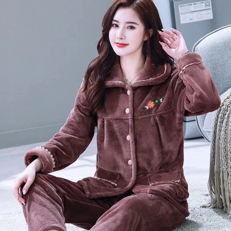 

Women's Pajamas Set Autumn Winter pijama mujer Flannel Thick Warm Sleepwear Women Female Pijamas For Womens Homewear