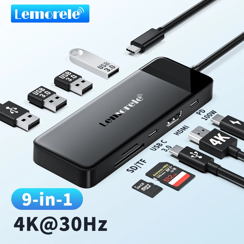 

Lemorele 9 in 1 USB C Hub Type C Adapter 4K 30Hz HDMI 100W PD with SD/TF Card Slot for for Macbook Laptop Windows