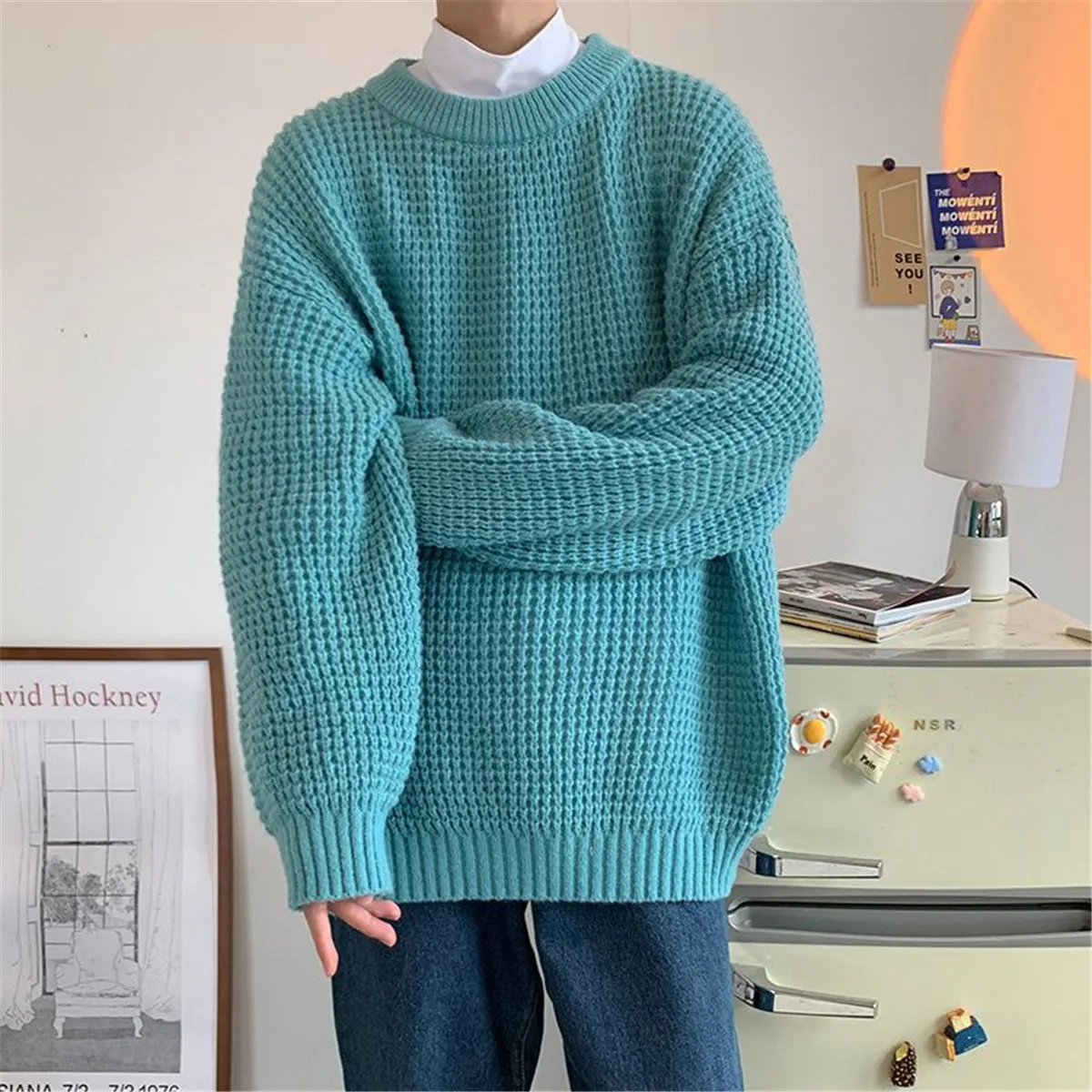 

Fashion Blue Solid Jumper Sweaters Streetwear Long Sleeve Warm Cardigan Knitwear Sweater Spring Autumn Hip Hop Rock Tops Males