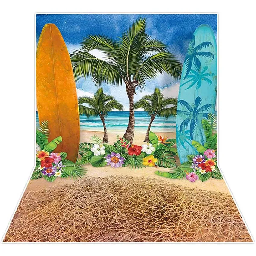 

Summer Beach Ocean Backdrops for Photography Blue Sky Seaside Surfboard Background Tropical Palm Trees Birthday Party Banner