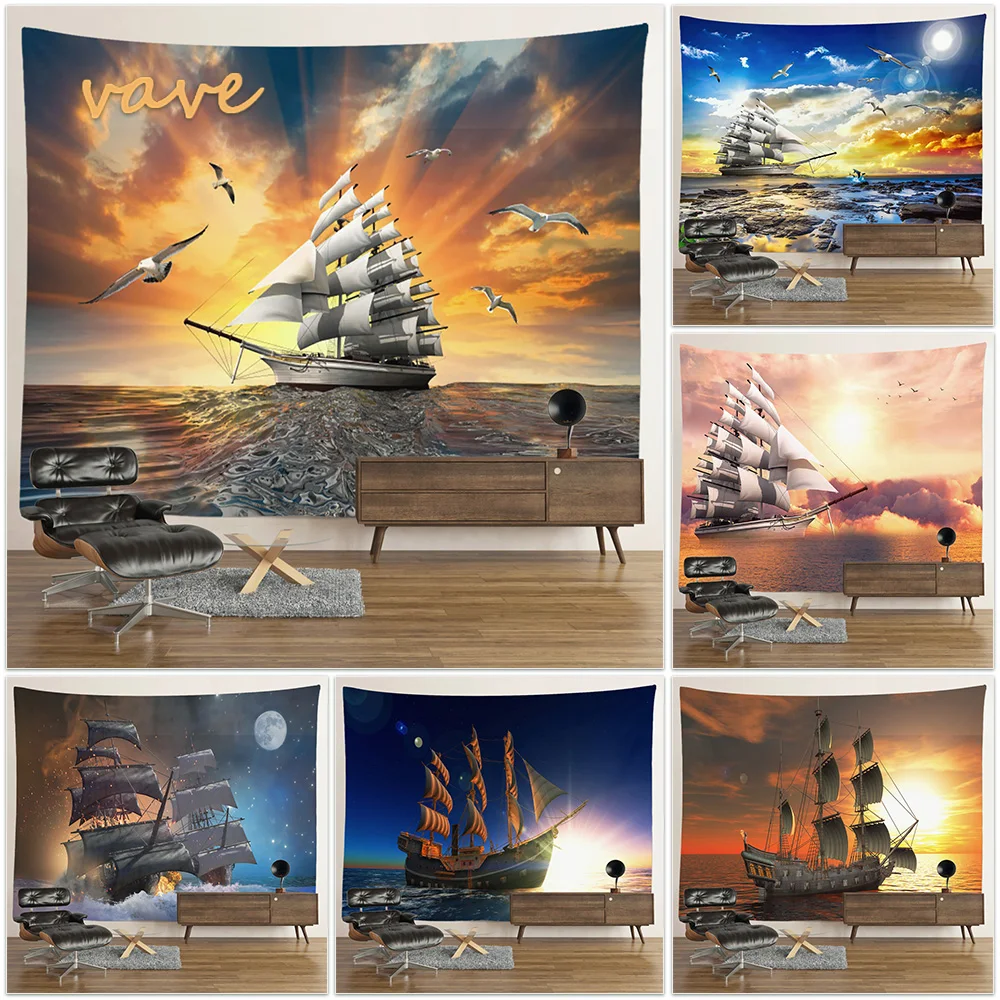 

Beach Sunset Landscape Tapestry Wall Hanging Bohemian Trippy Hippie Moon Sailboat Tapestry for Bedroom Aesthetic Home Room Decor