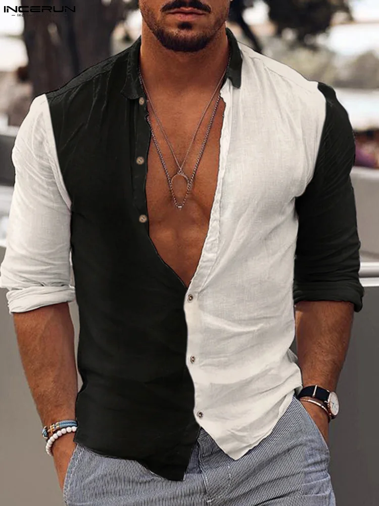 

Handsome Well Fitting Men's Contrast Color Blouse Stylish Male Lapel Collor Long-sleeved Buttons Shirts S-3XL INCERUN Tops 2022