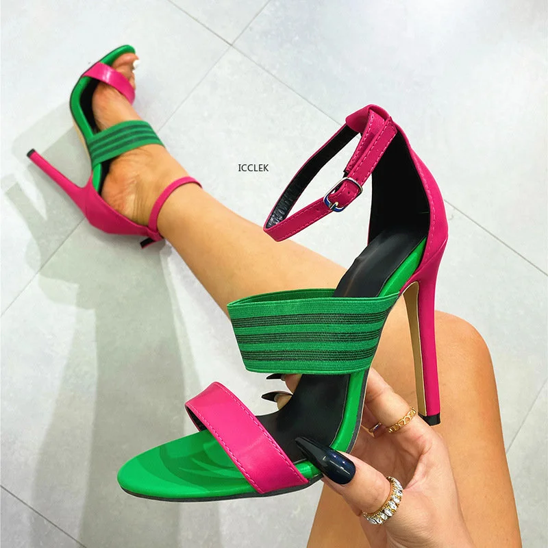 

Sexy Peep Toe High Heels Women Sandal Fashion Narrow Band Buckle Strap Cover Heel Slides Summer Party Stripper Shoes