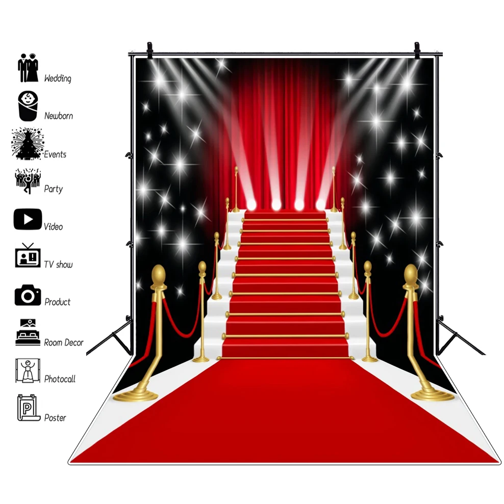 

Glitter Stage Red Carpet Stair Star Photocall Backdrop Birthday Party Portrait Custom Photography Background Photo Studio Props