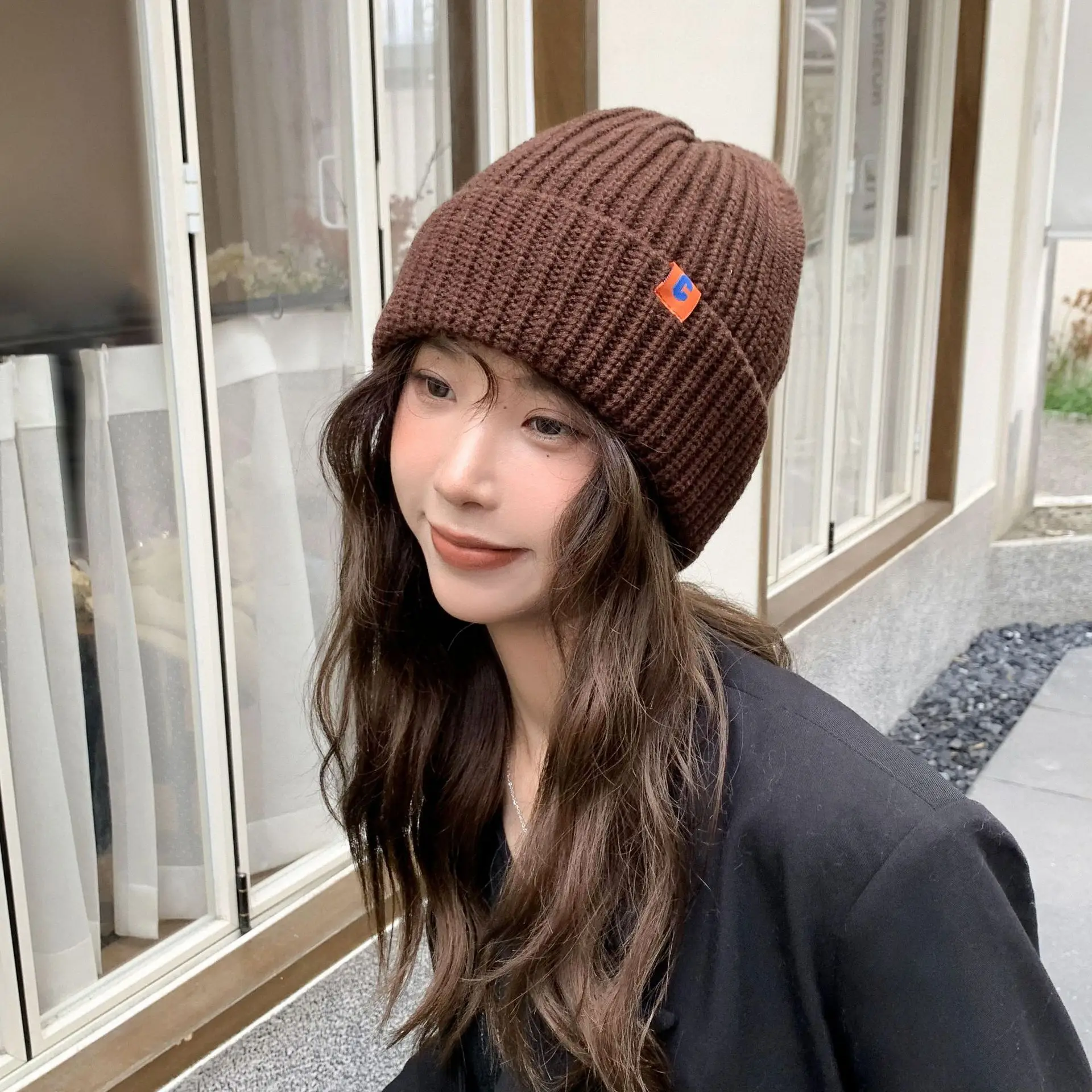 

Luna&Dolphin Korean Simplicity Hat Lovely All-match Wool Letter C Cloth Labels Winter Autumn Warm Soft Strip Knitted Flange Cap