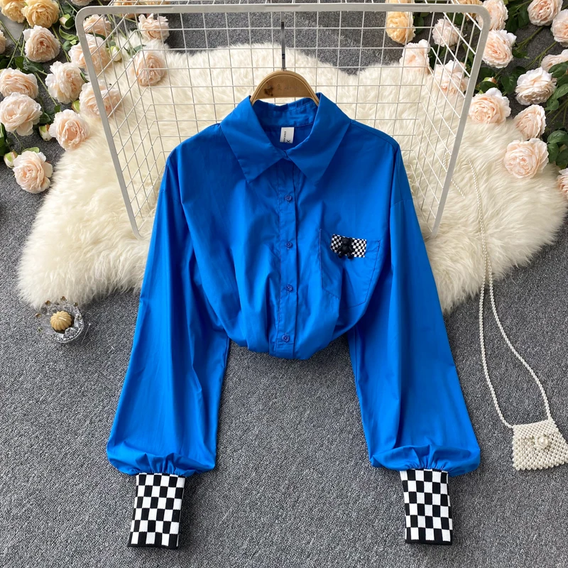 

2022 Spring New Turn Down Collar Single-breasted Cardigan Jacket Full Splicing Checkerboard All Match Solid Shirt Womens Tops