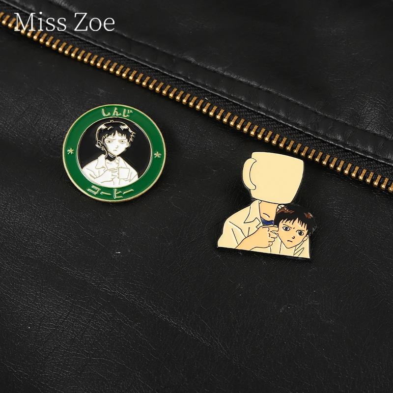 

Cartoon Coffee Mug Boy Icon Enamel Pins Shinji Eva Ikari Anime Brooches Lapel Backpack Badges Jewelry Gift For Women Kids