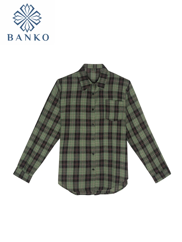 

Women Autumn Winter Turn-down Collar Vintage Plaid Over-shirt Loose Casual Shirt Long Sleeve Irregular Clipping Classic Blouses