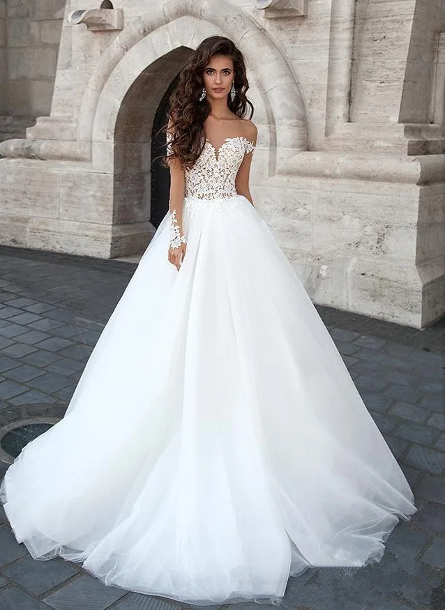 

VENSANAC Sweetheart Lace Appliques A Line Wedding Dresses Off the Shoulder Backless Sweep Train Bridal Gown