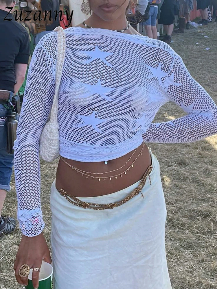 

Женская Просвечивающая футболка Zuzanny, белый укороченный топ с вырезами и длинным рукавом, модная повседневная одежда, лето 2022