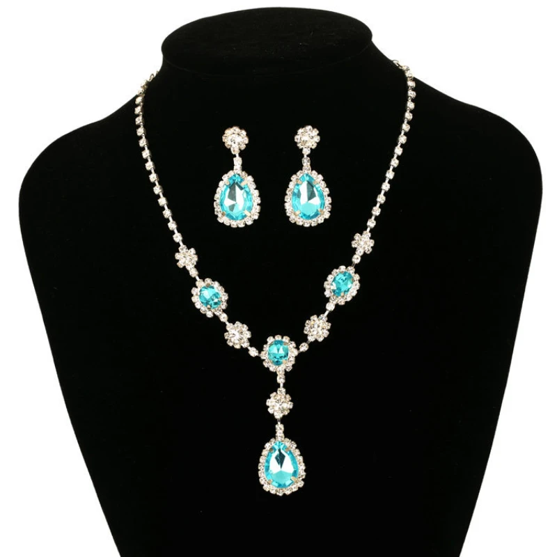 

European and American Diamond Inlaid Blue Water Drop Necklace Creative Personality Diamond Inlaid High-quality Jewelry Wholesale