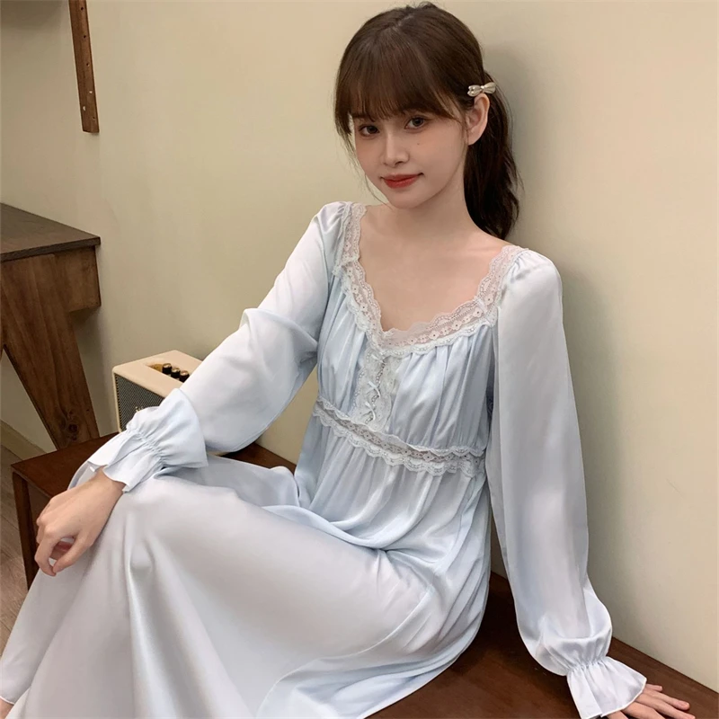 Весенняя тонкая Пижама дворцового стиля миди Однотонная ночная рубашка с