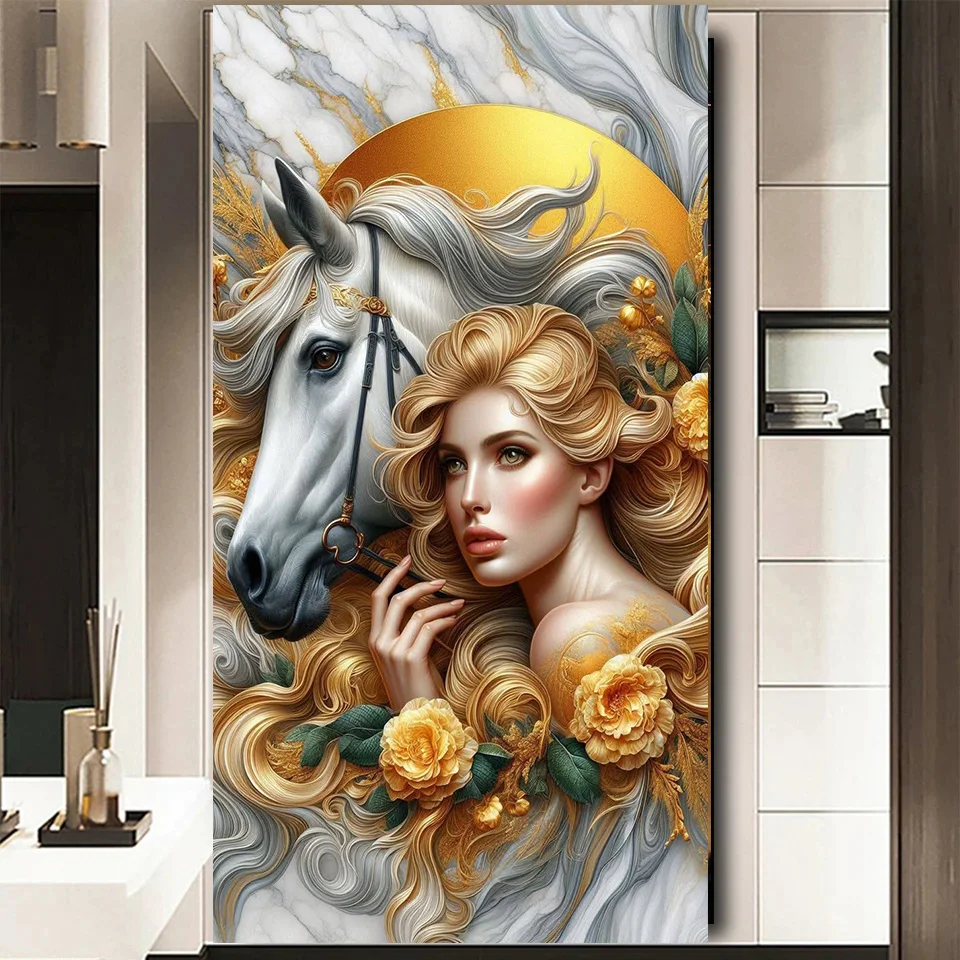 Белая лошадь и блондинка красота Алмазная картина Новый Diy алмазное искусство