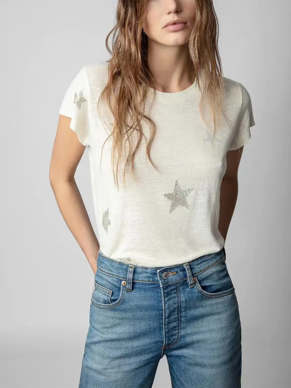 

Women T-Shirt Star Hot Diamond O-Neck Short Sleeve Casual Linen Tee Top