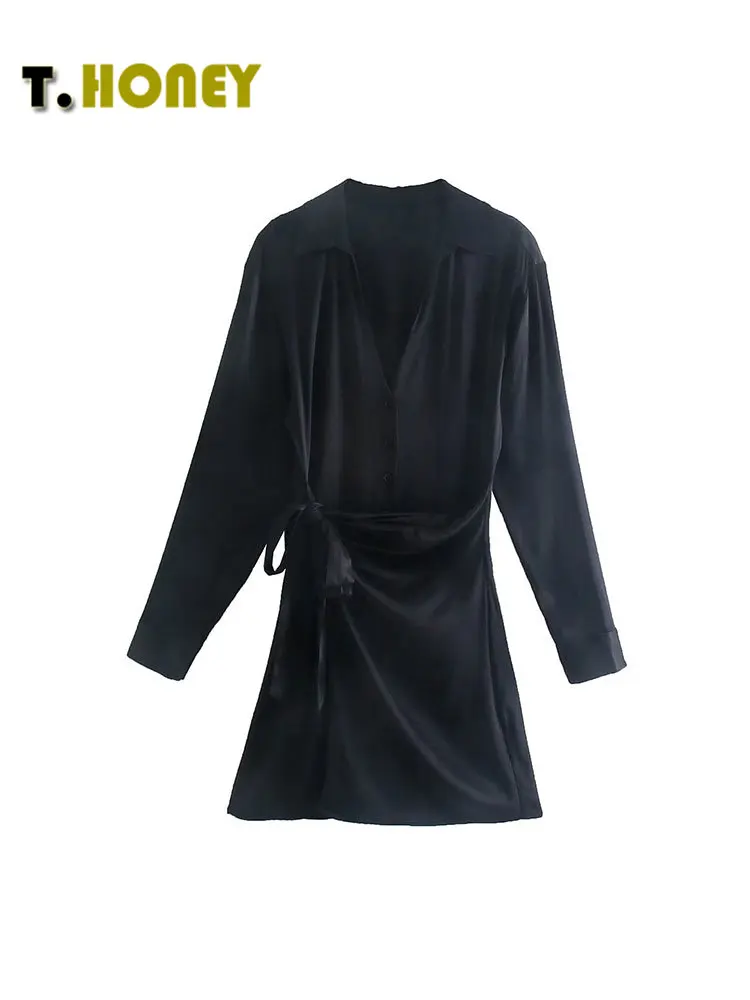

TELLHONEY Women Fashion Satin With Belt Solid Color Dress Female Sexy Long Sleeves V-Neck High Waist Mini Dresses