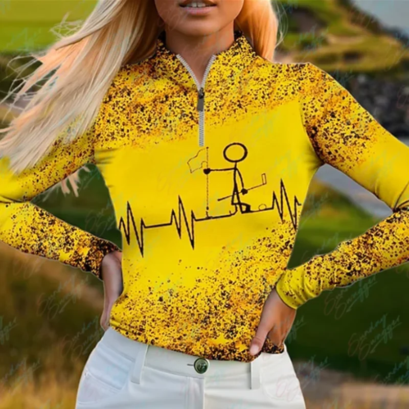 

2024 new women's zipper long-sleeved golf Polo shirt outdoor sports breathable quick-drying tennis golf top simple printed shirt