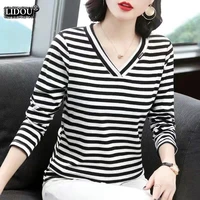 spring autumn v neck striped skinny long sleeved t shirts fashion casual wild popularity comfortable tops womens clothing 2022