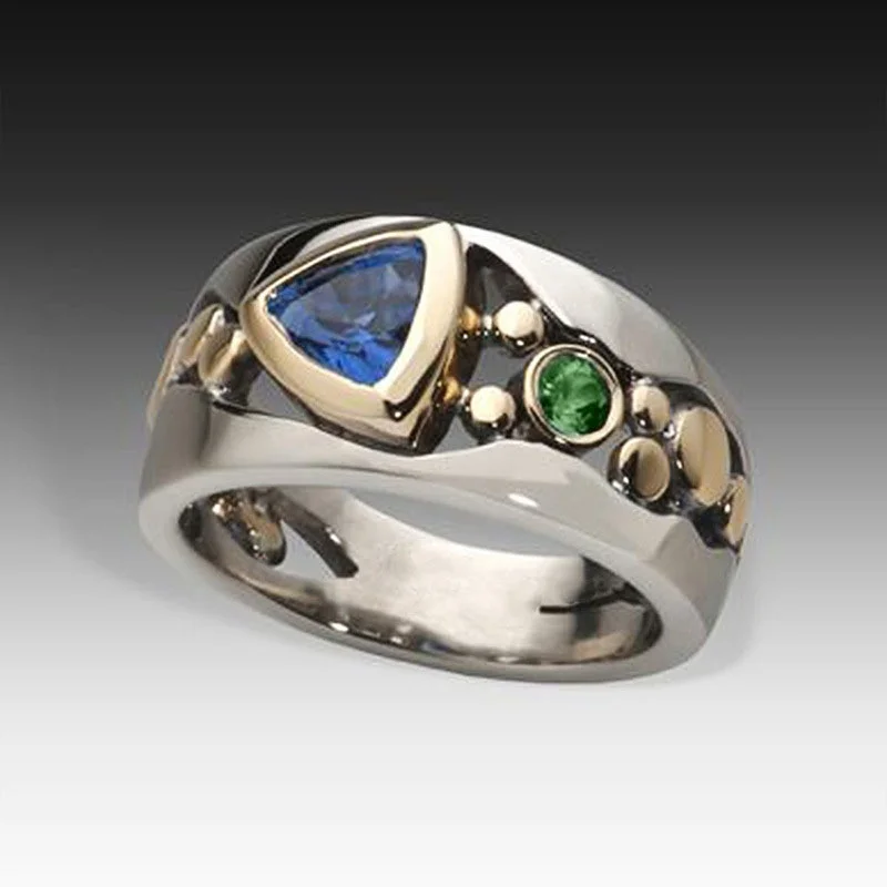 Exquisite Hollow Out Gold Plated Silver Color Ring Green Blue Stone Band Rings for Women Engagement Wedding Anniversary Gift