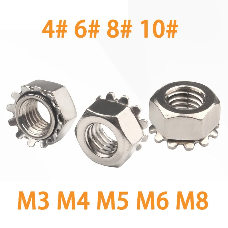 

5~10pcs 4#6#8#10# M3M4M5M6M8 304 Stainless Steel Metric Thread Hexagon Hex Toothed Serrated Washer Gasket Lock Nut K Type Nut